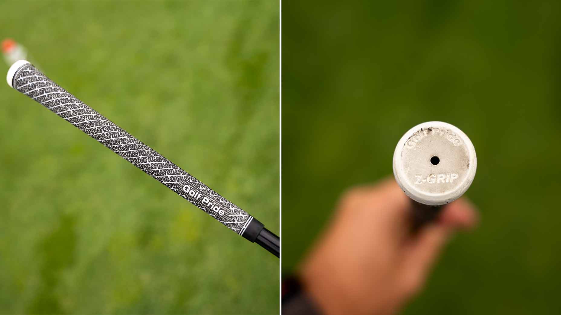 Close-up of a black and white patterned Golf Pride Z-GRIP on a golf club, featured in a WITB setup&mdash;shown from the side on the left and from the top with branding visible on the right, set against a blurred green background.