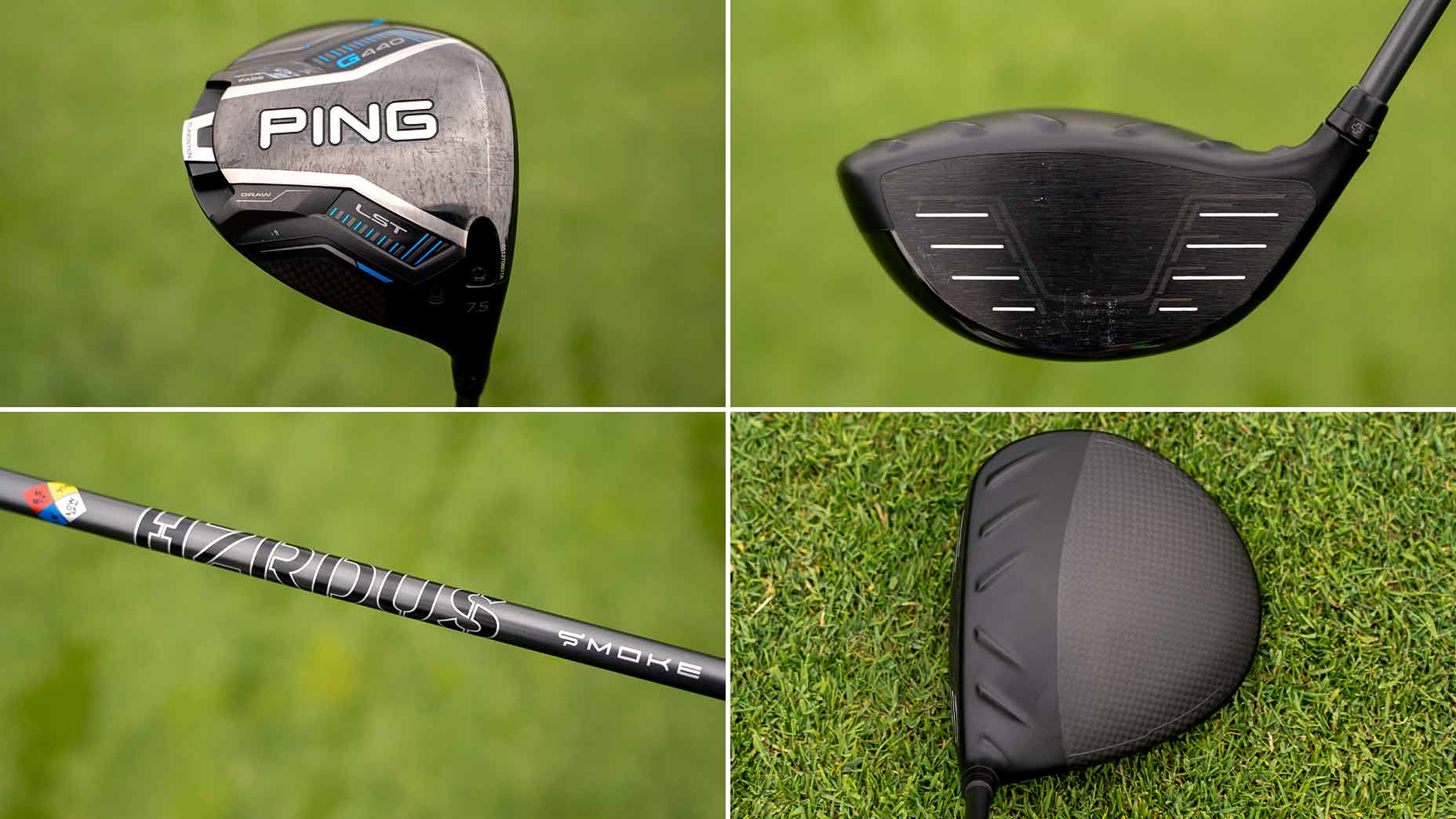 A four-panel image shows a Ping golf driver from different angles: logo and branding, clubface, club shaft with &ldquo;HZRDUS SMOKE&rdquo; text, and a top view of the clubhead&mdash;all WITB essentials&mdash;displayed on a grassy background.