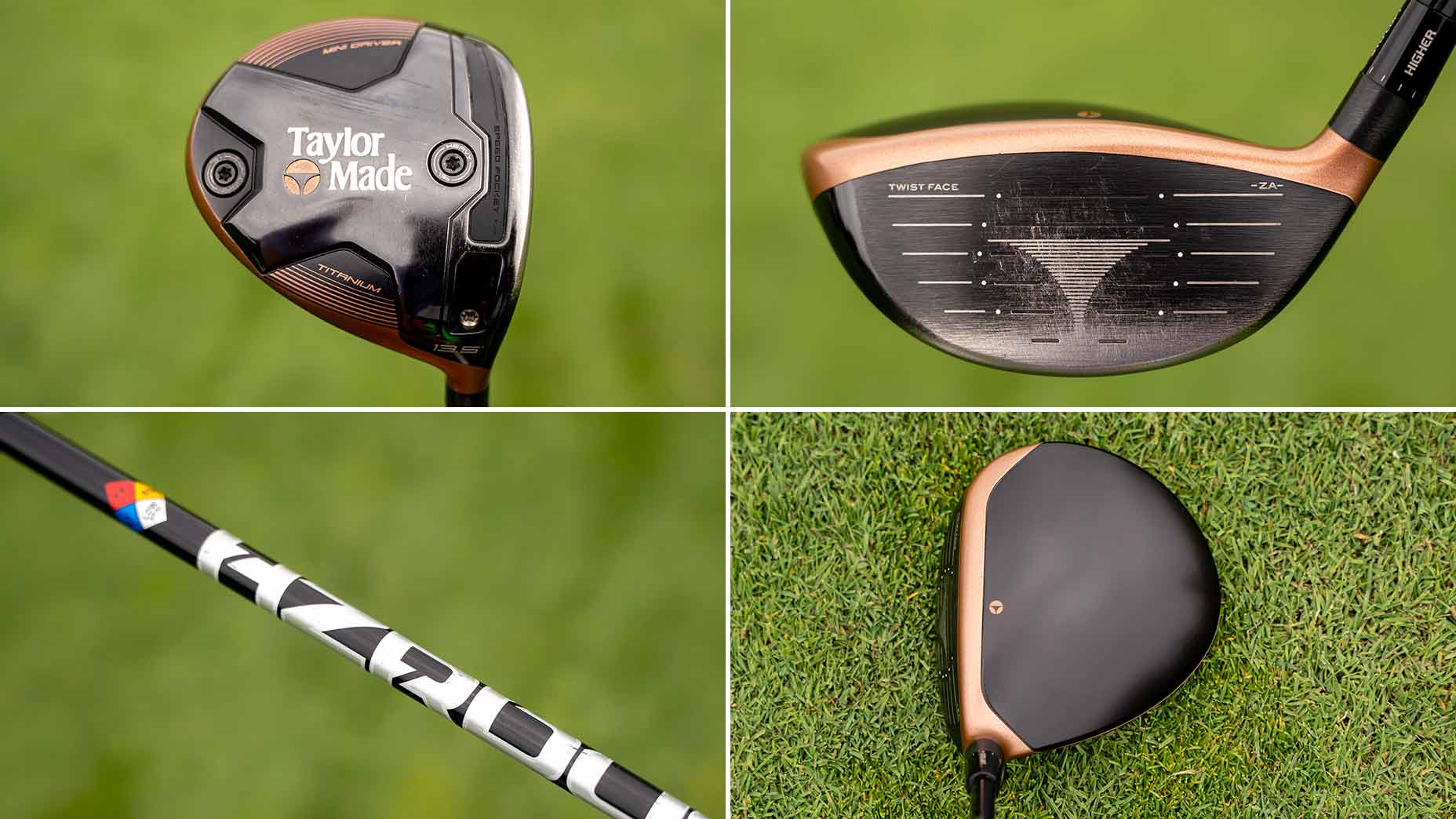 A collage of four close-up shots showing different angles of a TaylorMade golf driver commonly seen in WITB features, including the clubhead, clubface, shaft, and top view against a green grass background.