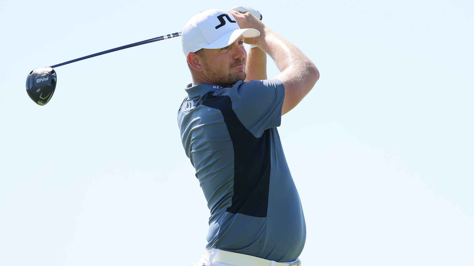 Matt Wallace of England plays his shot from the 14th tee during the second round of the World Wide Technology Championship 2025 at El Cardonal at Diamante on November 07, 2025 in Cabo San Lucas, Mexico.