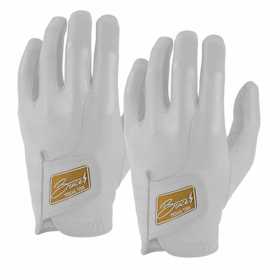 A pair of white sports gloves with a brown and gold patch labeled Bruce, Texas, USA on the wrist area&mdash;perfect as low-cost accessories or thoughtful Father's Day gifts, positioned upright with fingers slightly curved.