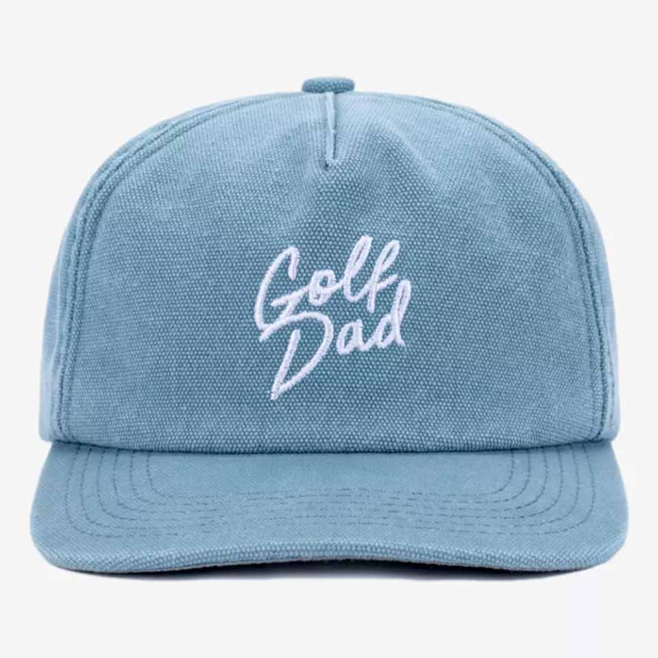 A light blue baseball cap with white embroidered text on the front that reads Golf Dad. With visible stitching and a curved brim, it&rsquo;s a perfect pick for Father's Day gifts or anyone looking for low-cost accessories.