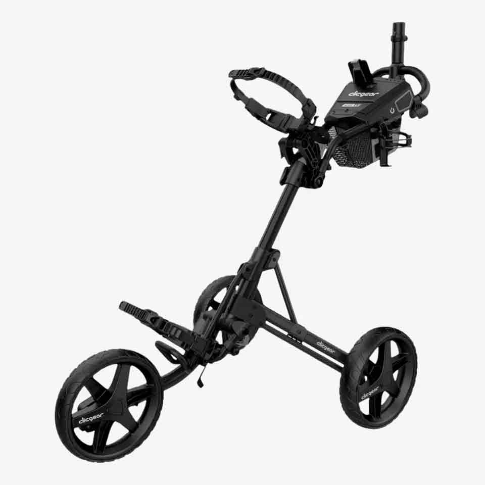 A black foldable push cart with three wheels, a handle, storage compartment, and adjustable straps for your golf bag. This lightweight push cart is perfect for carrying golf equipment comfortably around the course.
