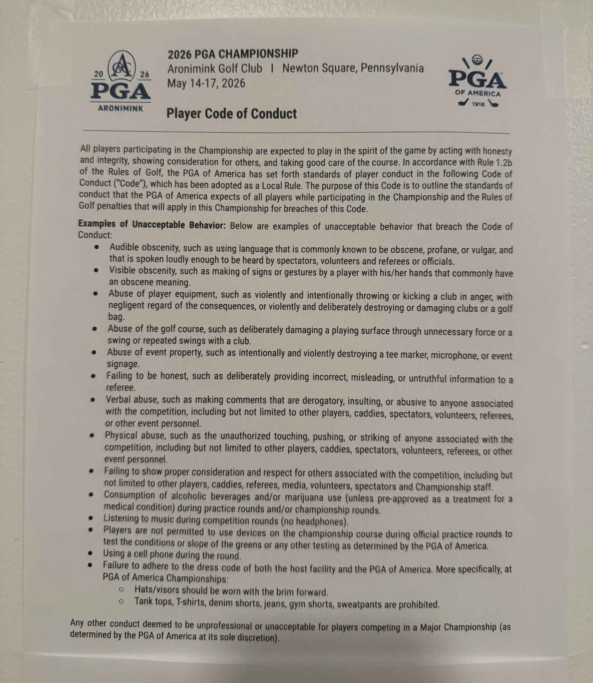 PGA Championship code of conduct
