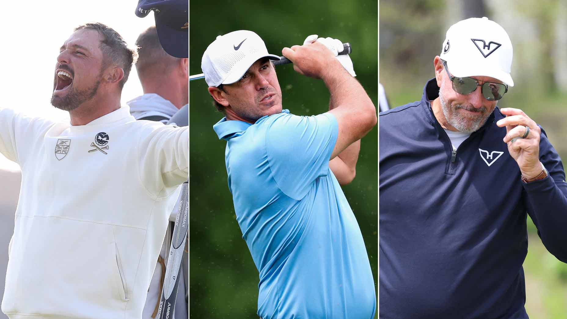 Three images of LIV players in 2025 PGA Championship field: Bryson DeChambeau, Brooks Kopeka and Phil Mickelson.