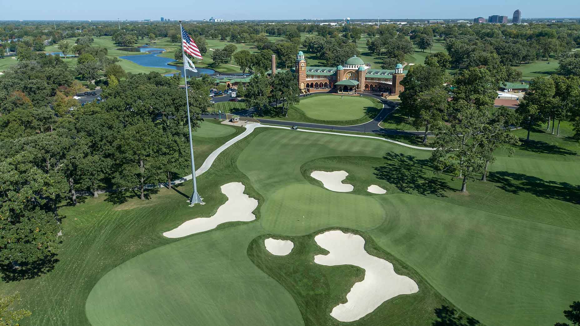 An aerial view of the 18th hole and clubhouse at Medinah Country Club in Medinah, Ill., home of the 2026 Presidents Cup.