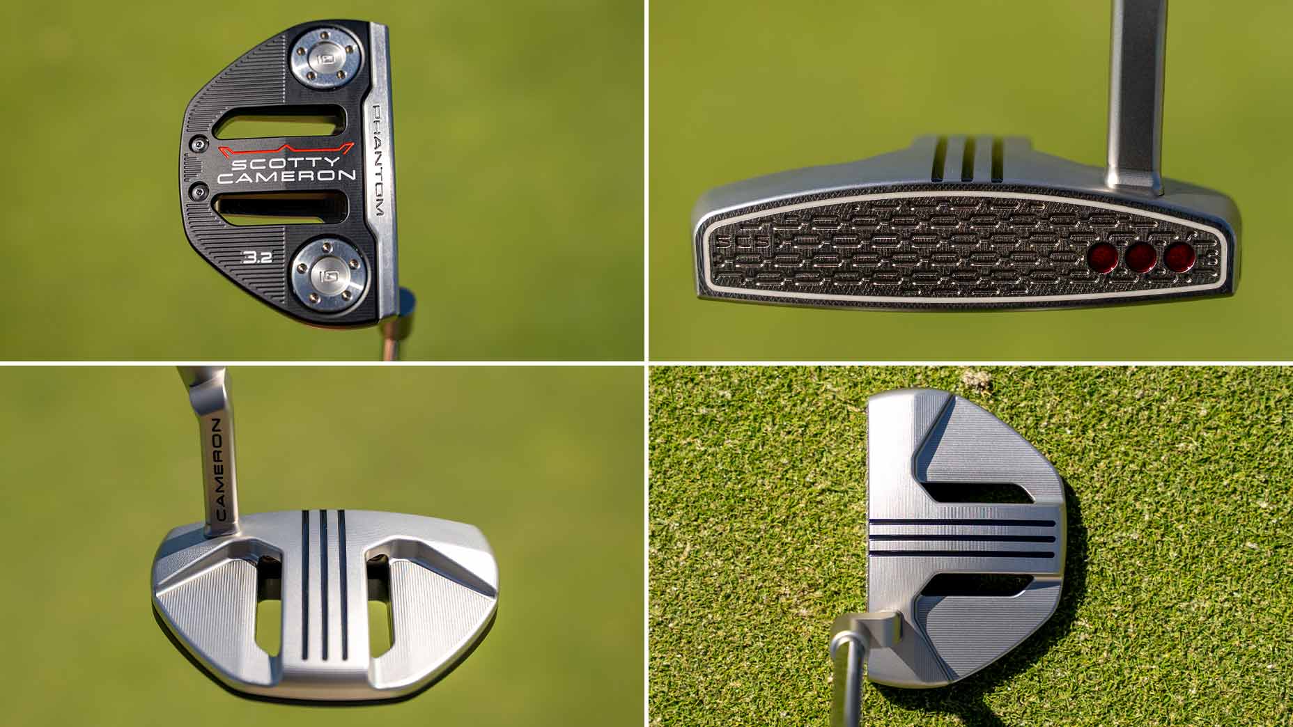A collage of four close-up views of different styles of golf club putters, showcasing their faces, backs, and alignment lines on a green grass background&mdash;perfect as a template for your next golf club launch.