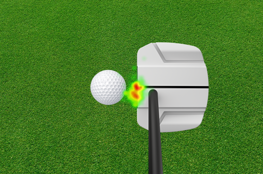 A Ping golf putter is about to strike a golf ball on grass, with a red and green heat map&mdash;captured using eye tracking glasses&mdash;highlighting the precise point of contact between the putter and the ball.