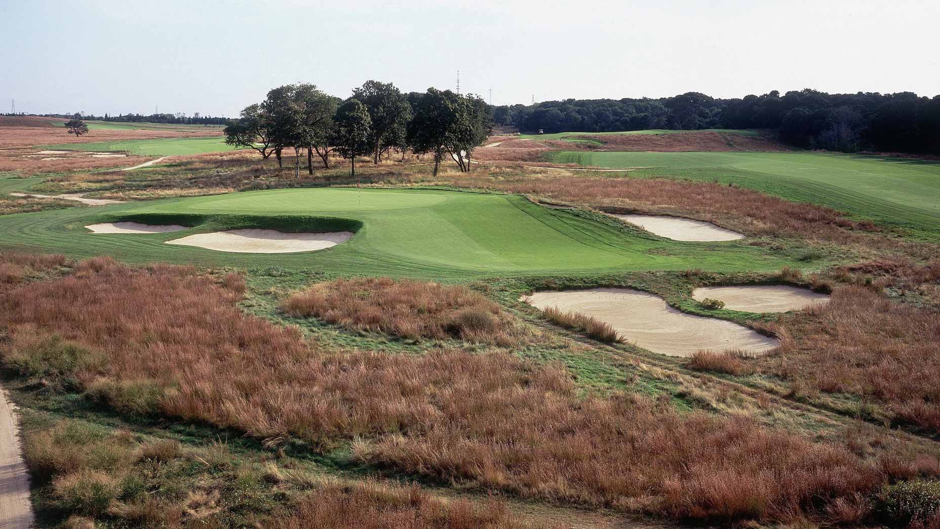 A hard golf course with a green surrounded by several sand bunkers, tall grass, and clusters of trees in the background under a clear sky, reminiscent of Shinnecock Hills during the U.S. Open.