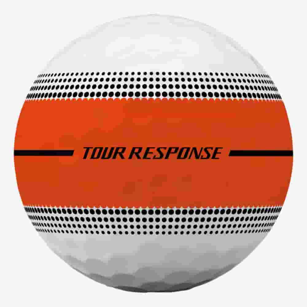 A white golf ball featuring a bold orange stripe around its middle, with TOUR RESPONSE printed in black, and black dotted lines above and below the orange stripe&mdash;perfect for pairing with the best golf bags 2026.