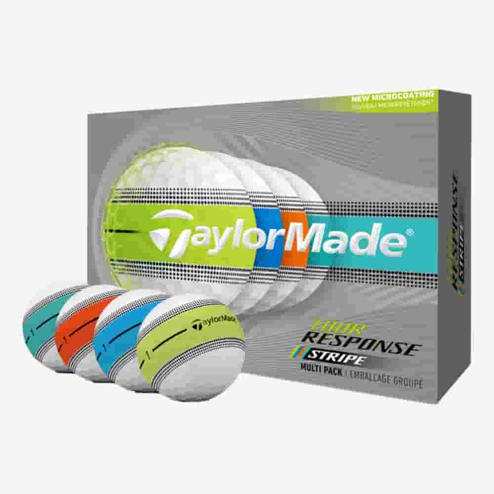 A box of TaylorMade Tour Response Stripe golf balls is shown, with four golf balls in front featuring different colored stripes: teal, orange, yellow, and blue. The packaging highlights the multi-pack and micro-coating&mdash;perfect for pairing with the best golf bags 2026.