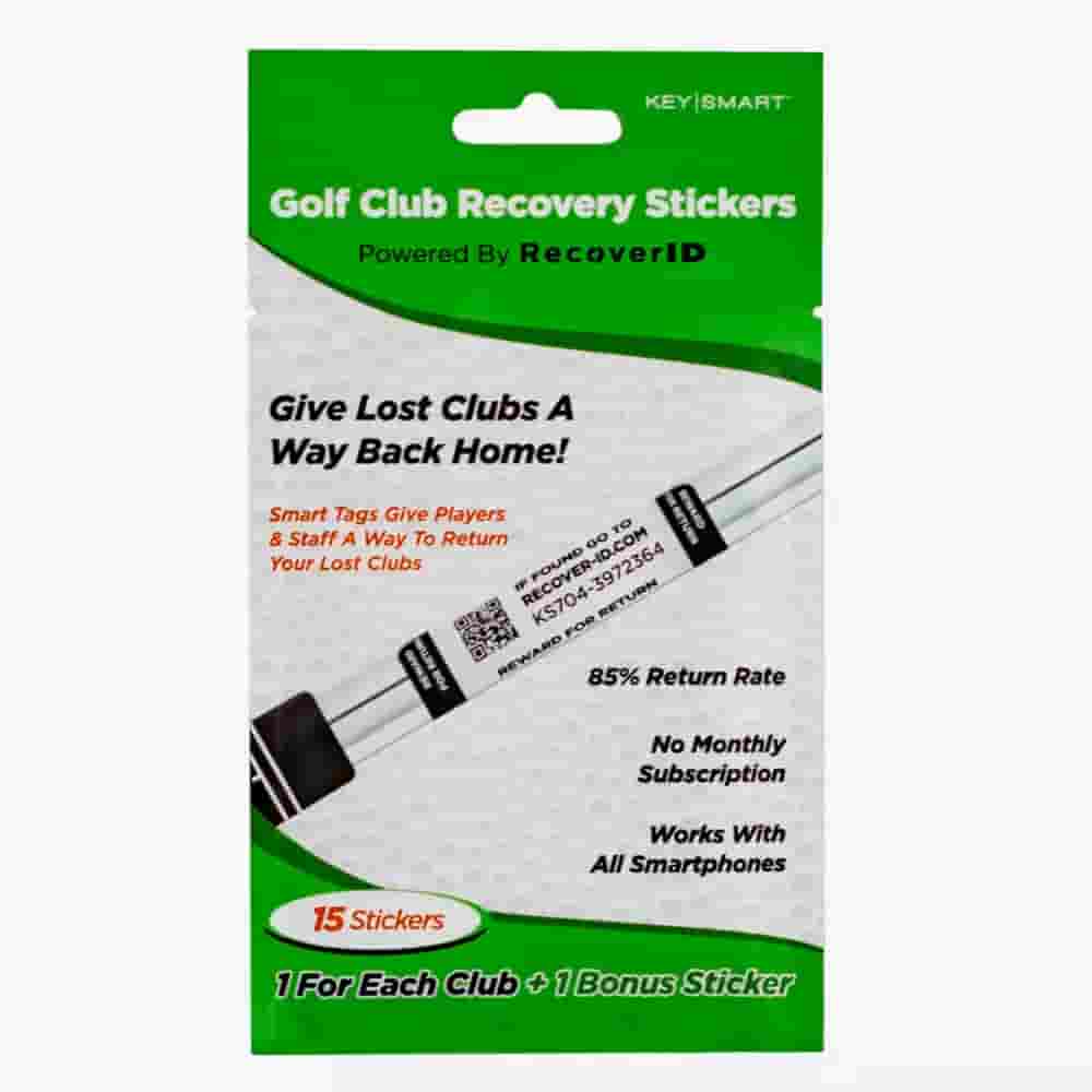 A package of Golf Club Recovery Stickers by KeySmart, perfect for those with the best golf bags 2026. Includes 15 promo tags to help return lost clubs, boasts a high return rate, no monthly fees, and works with smartphones.