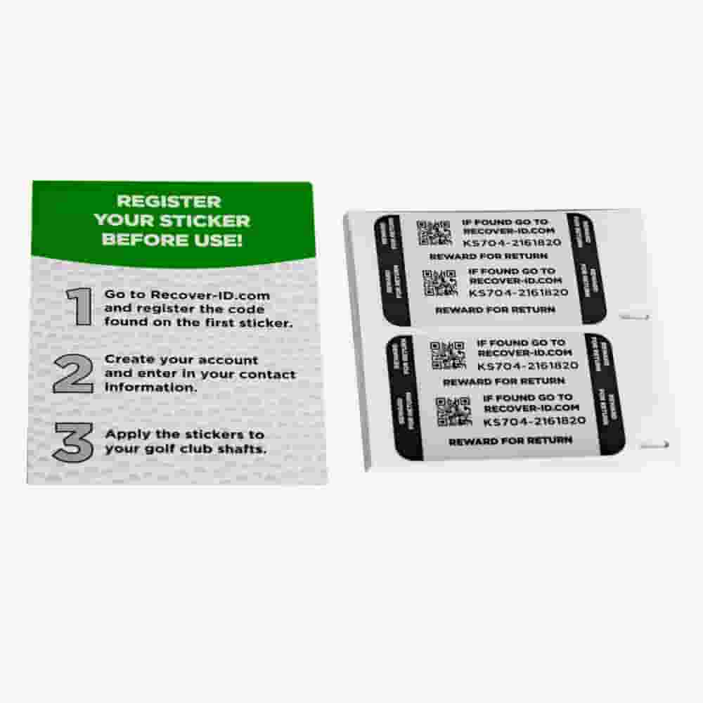 A set containing a green and white instruction card and two black and white ID stickers for golf clubs, with QR codes and recovery info&mdash;an ideal accessory for those searching for the best golf bags 2026.