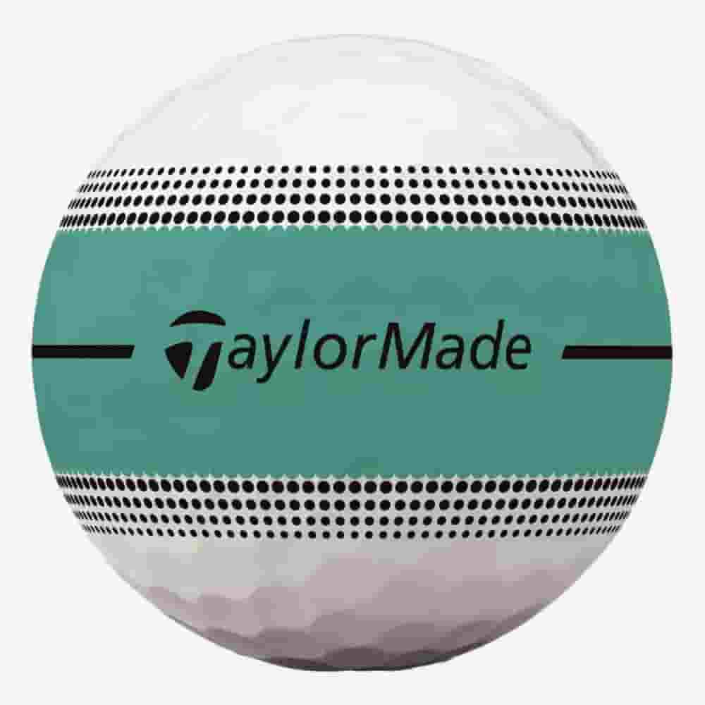 A white golf ball with two black dotted lines and a teal band around the center, featuring the TaylorMade logo in black text&mdash;a perfect match for players searching for the best golf bags 2026 has to offer.