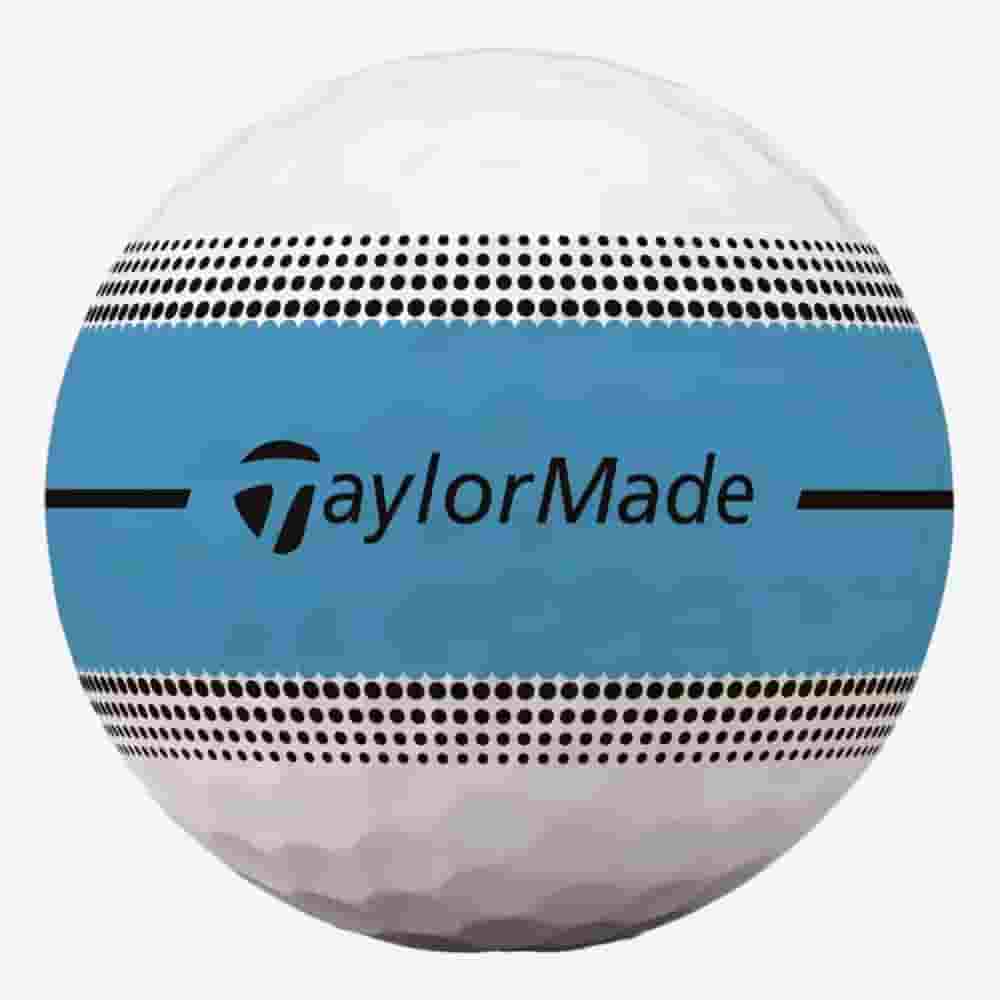 A white golf ball featuring a blue stripe around its circumference, with the TaylorMade logo and name printed in black on the stripe, is a perfect match for players searching for the best golf bags 2026 styles. Black dotted patterns border the striking blue stripe.