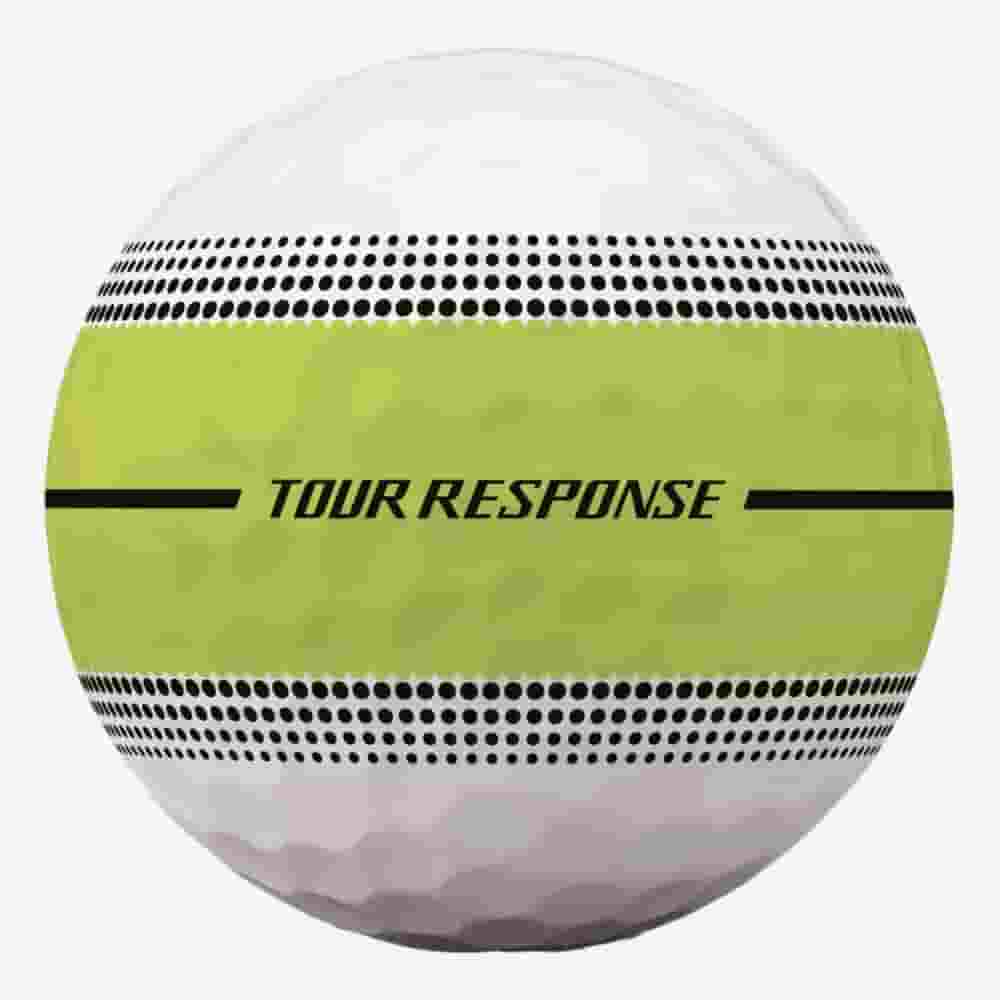 A white golf ball with a green stripe around the middle, black dotted lines above and below the stripe, and the words TOUR RESPONSE printed in black on the stripe&mdash;ideal for golfers seeking precision to pair with the best golf bags 2026.