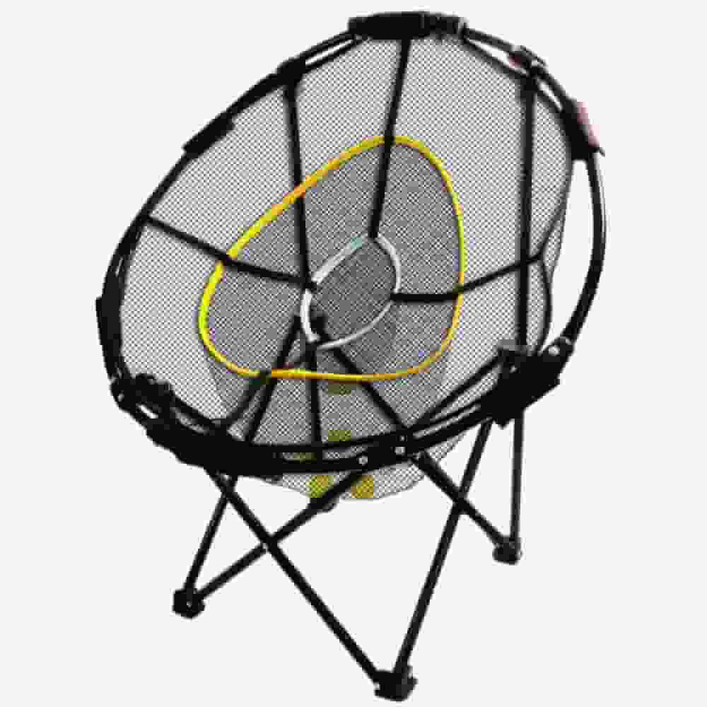 A round, black mesh folding chair with a circular frame, yellow accent ring, and crossed metal legs&mdash;resembling a moon chair or saucer chair&mdash;makes the perfect relaxing seat for reviewing the best golf bags 2026 lineup.
