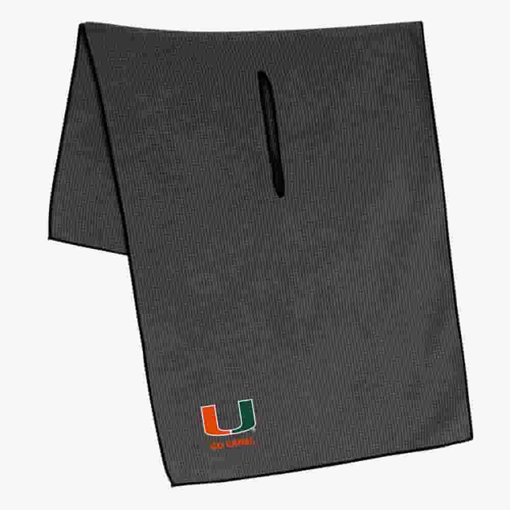 A dark gray sports towel with a horizontal slit in the middle and the University of Miami U logo in orange and green at one corner&mdash;an ideal accessory to pair with the best golf bags 2026 for added style and function on the course.