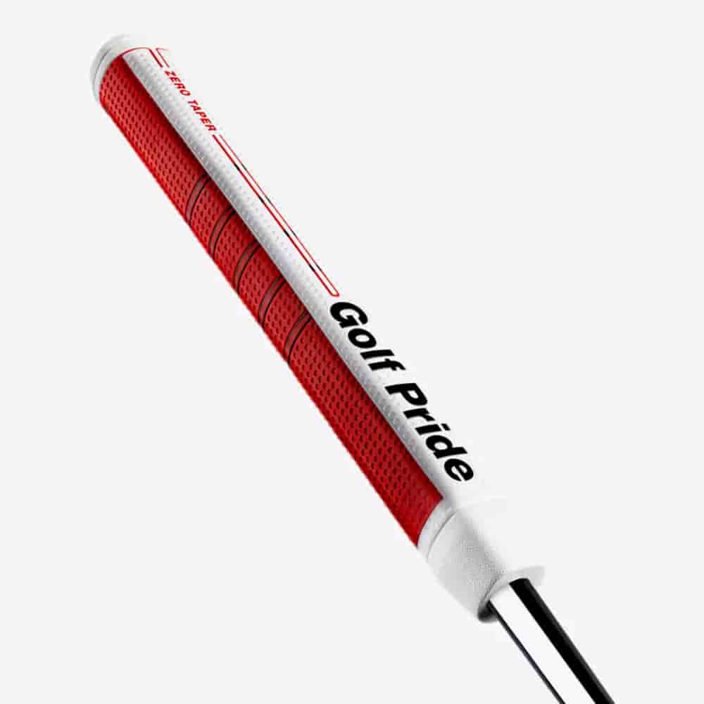 A red and white Golf Pride putter grip with a textured surface and bold black &ldquo;Golf Pride&rdquo; text, shown angled against a plain white background&mdash;an ideal accessory to pair with the best golf bags 2026.