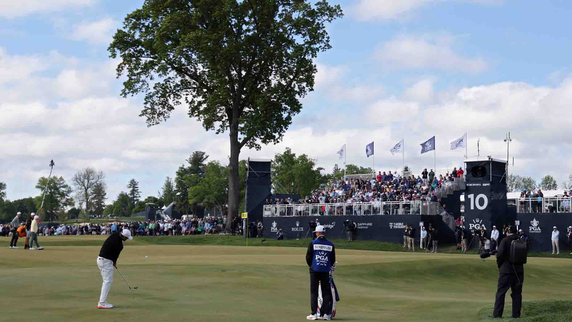 Scottie Scheffler prepares to play a shot at Aronimink Golf Club
