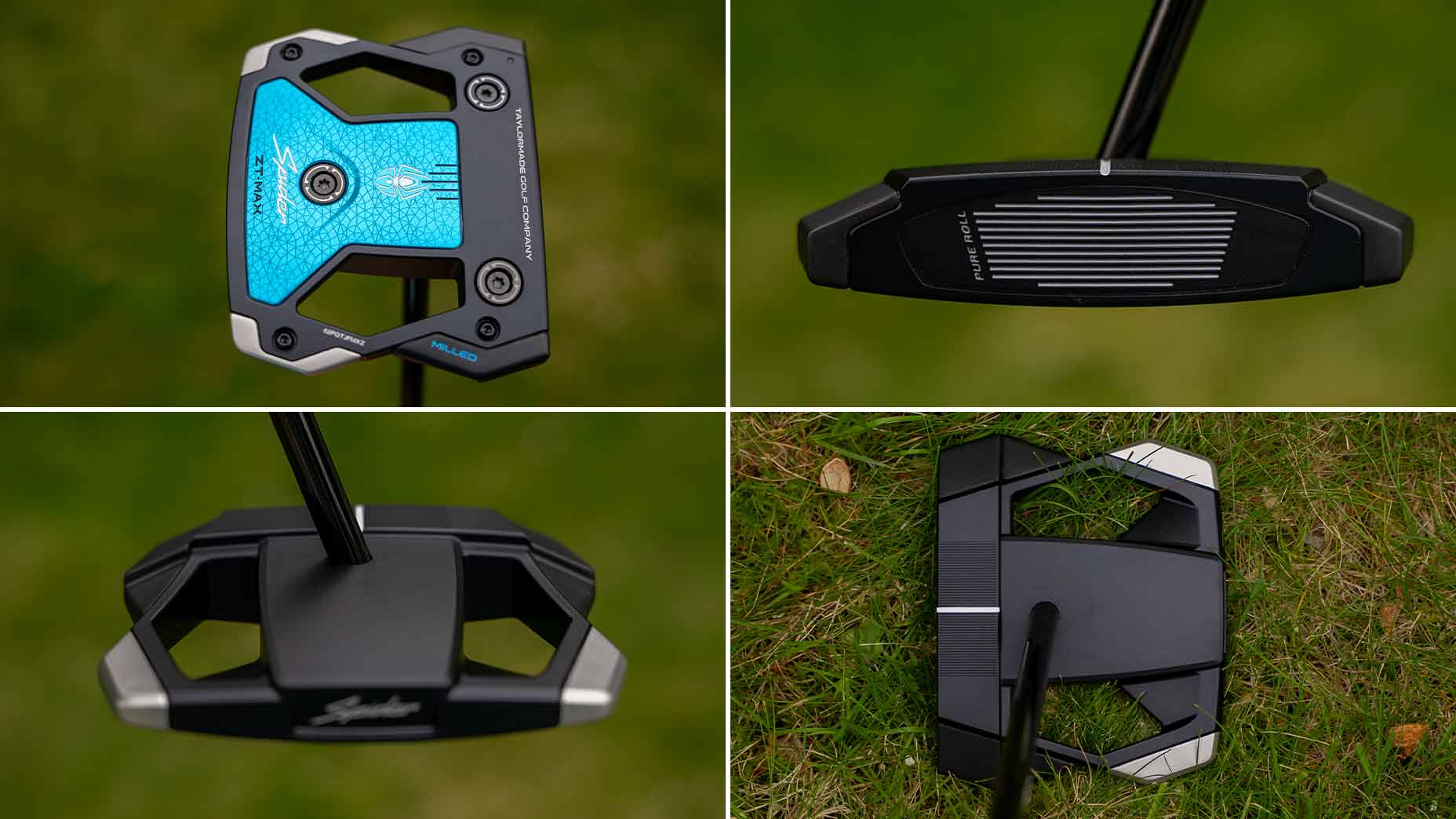 A collage of four different golf putters, including the TaylorMade Spider ZT Max, shown from above and the side. Each features unique designs and markings, displayed on a green grassy background.