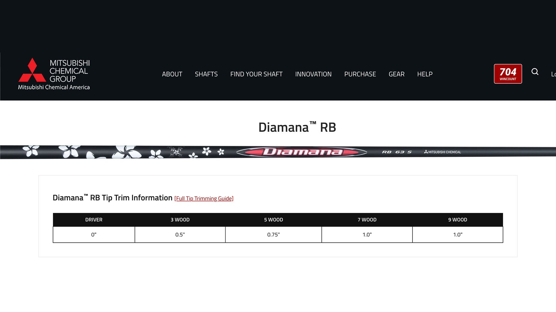 Screenshot of the Mitsubishi Chemical Group manufacturer webpage showing the Diamana RB tip golf shaft, featuring a flower pattern and a trimming guide table for Driver, 3 Wood, 5 Wood, and 7 Wood.
