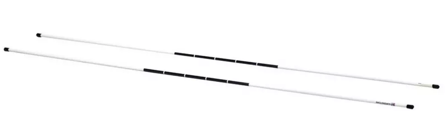 Two long, white canes with black grip sections and black end tips&mdash;reminiscent of the iconic flagsticks seen at the PGA Championship&mdash;are laid out diagonally on a white background, serving as essential mobility aids for individuals with visual impairments.