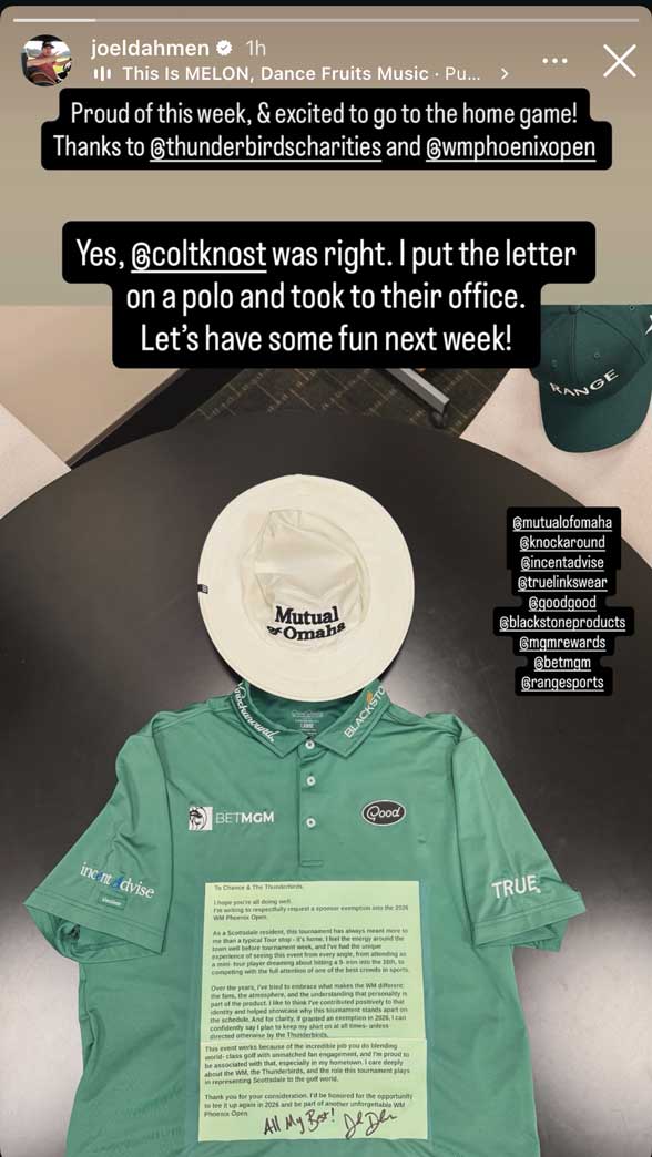 Joel Dahmen Instagram story with WM Phoenix Open letter on polo shirt
