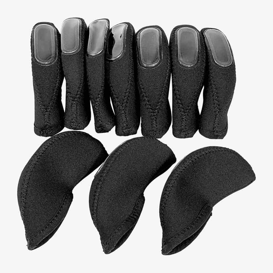 Nine inexpensive black neoprene finger sleeves with reinforced tips and three matching curved thumb covers, arranged on a white background&mdash;reminiscent of the practical gear favored by Aaron Rai.