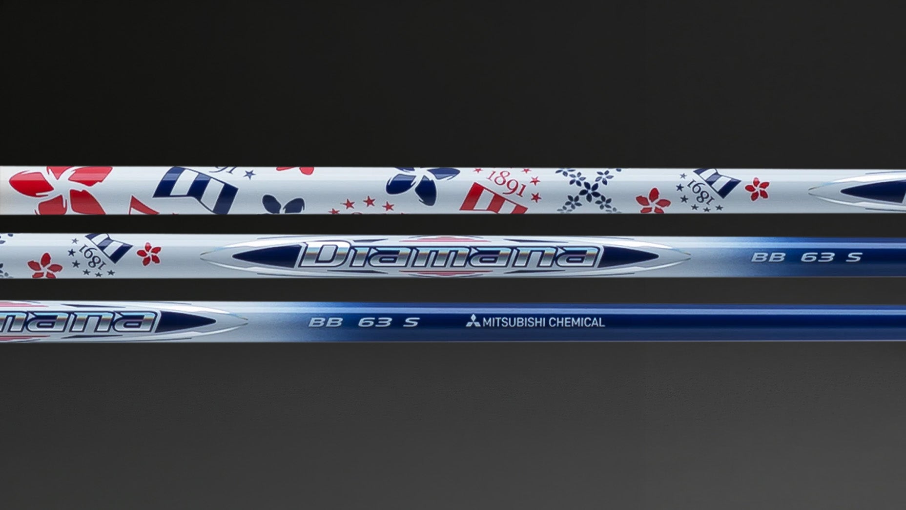 Three Mitsubishi Diamana BB 63 S golf shafts are shown, featuring blue and silver designs from the Red White and Blue collection, decorated with US Open-inspired floral and geometric patterns alongside the brand and model names.