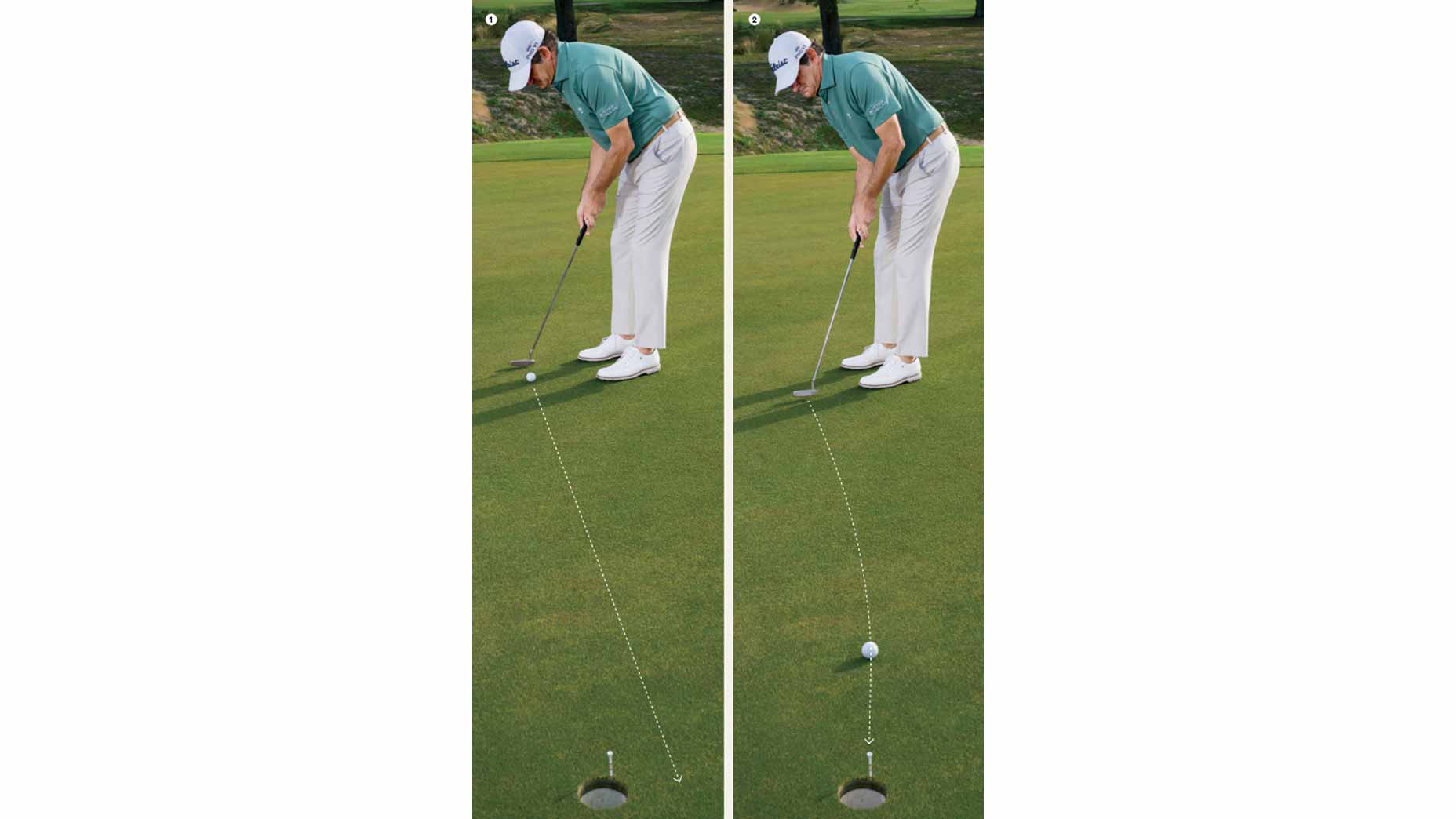 A golfer putts on a green in two side-by-side images. The left image shows the ball rolling directly toward the hole; the right shows it curving away. Dotted lines trace each path, illustrating how practice can sharpen your golf skills and lower your handicap.