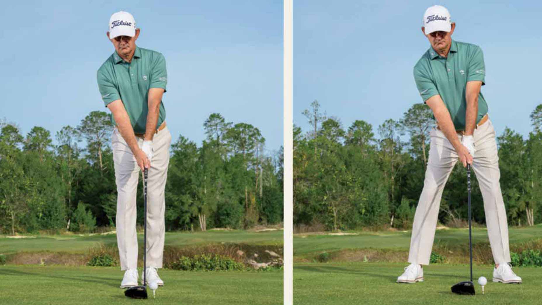 A golfer in a green shirt, beige pants, and white cap stands on grass, practicing golf skills and preparing to swing in two different stances, aiming to lower your handicap with trees in the background.