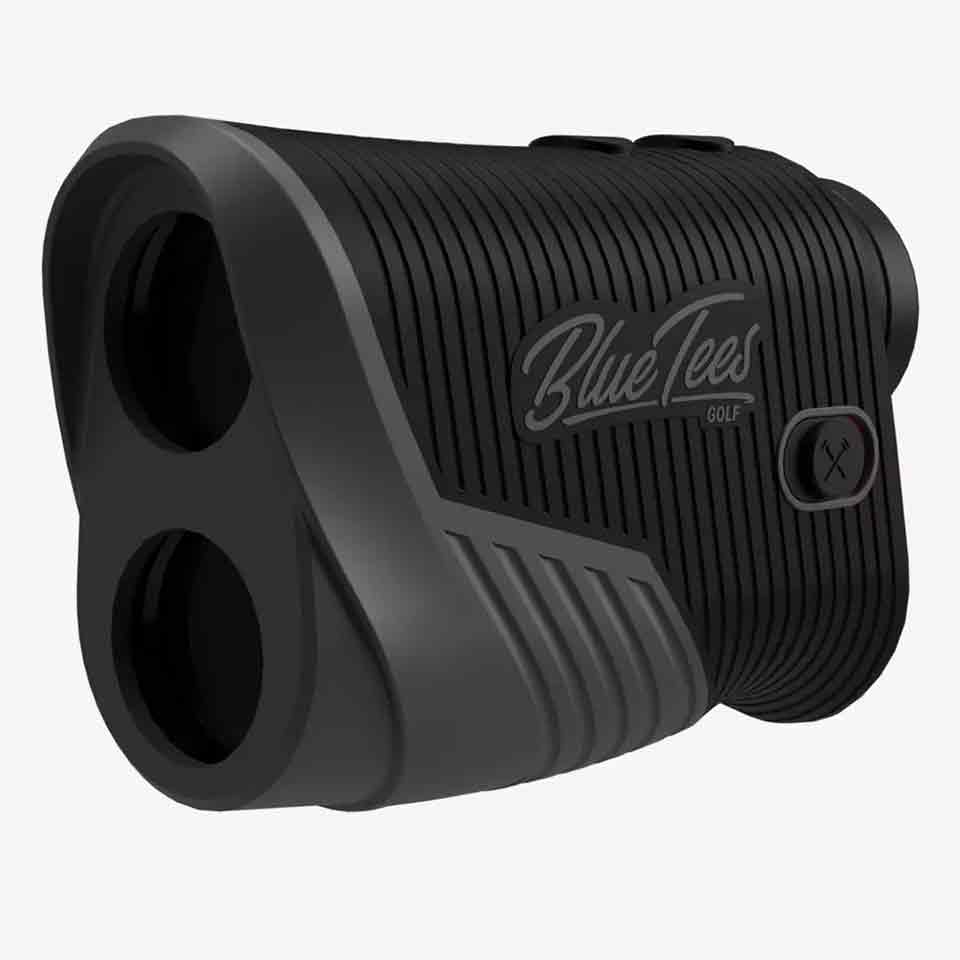 A black Blue Tees Golf rangefinder with textured grip, dual lens openings, and a power button on the side is shown on a plain white background&mdash;now on sale for $129.
