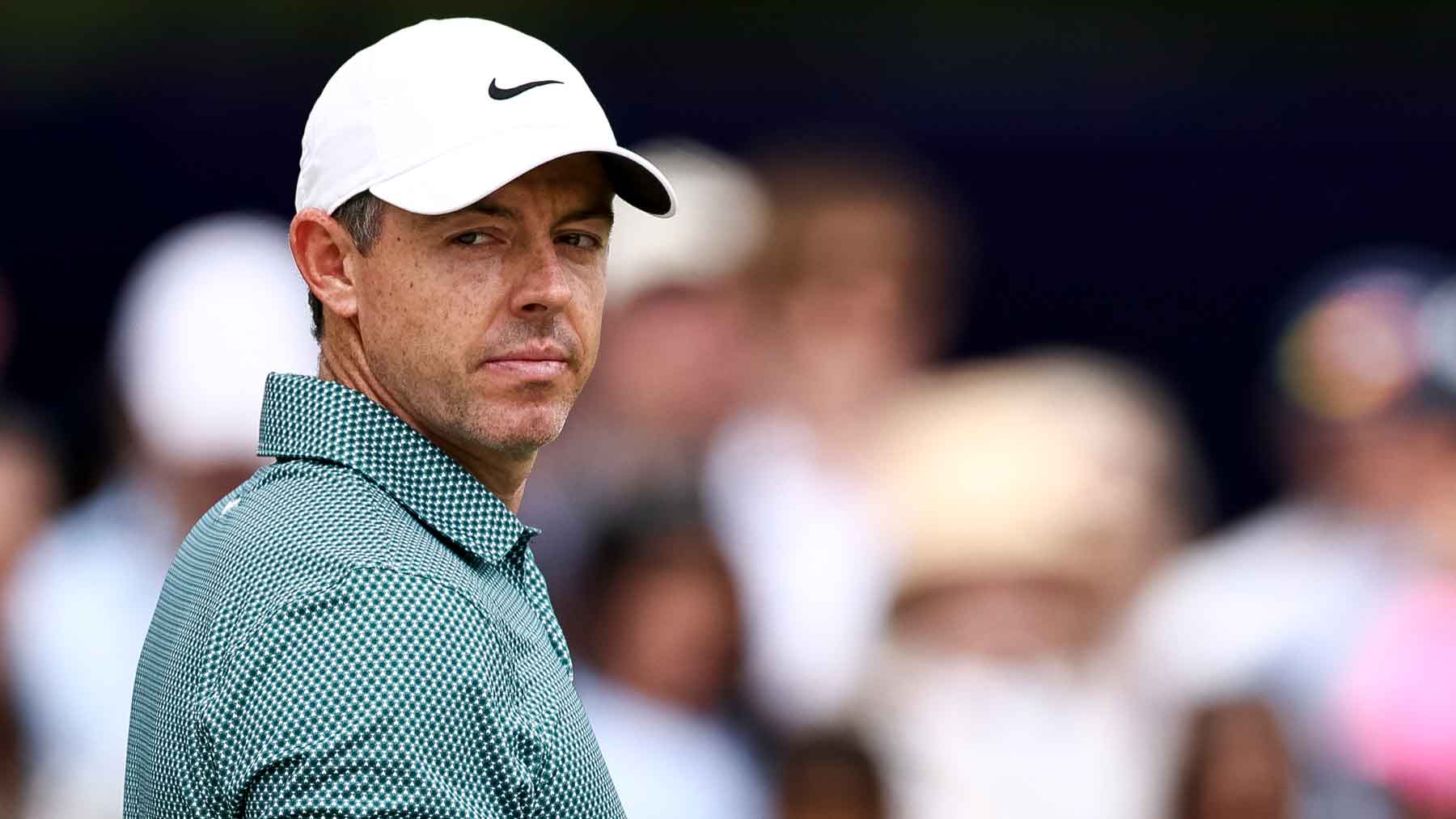 Rory McIlroy of Northern Ireland looks on while playing the eighth hole during the final round of the Truist Championship 2026 at Quail Hollow