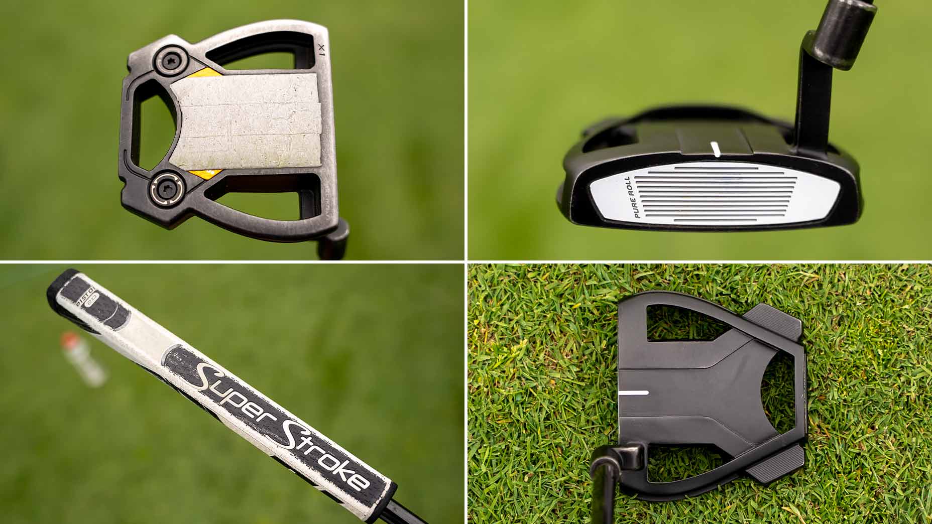 A collage of four close-up views of a golf putter on grass, perfect for WITB enthusiasts, showing the head from above, the face, the Super Stroke grip, and a top view highlighting its black and silver design.