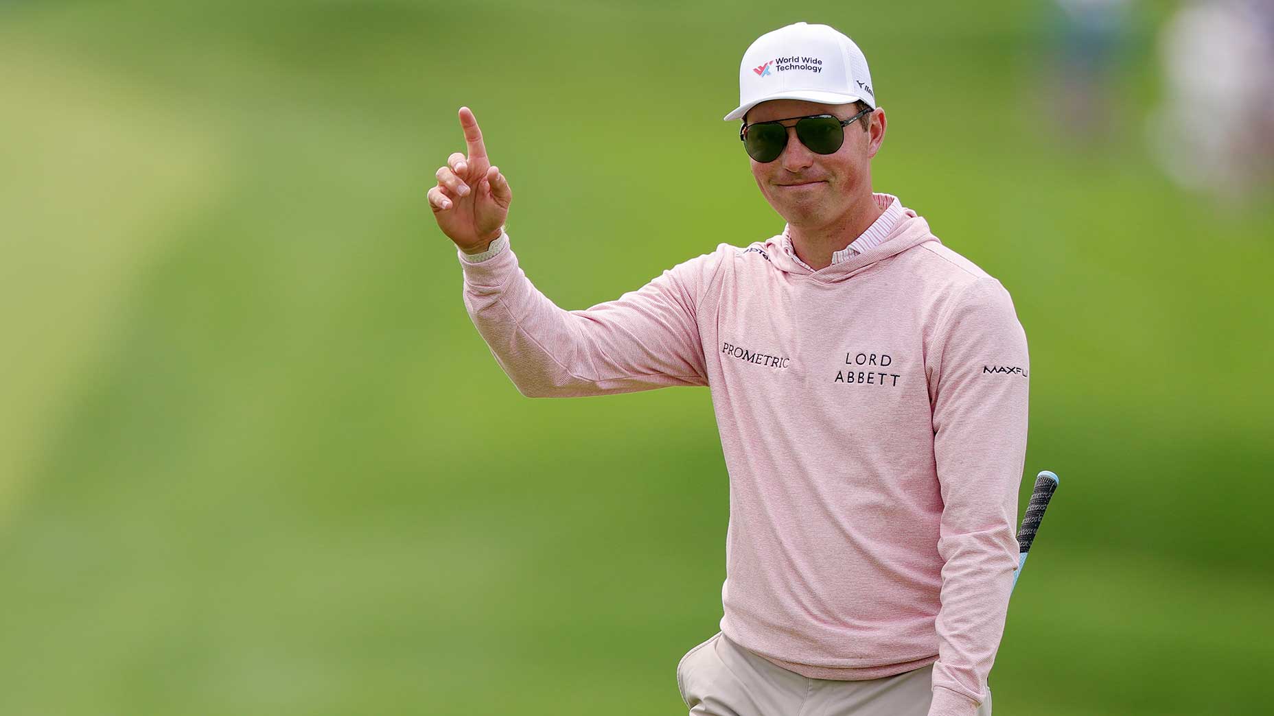 Ben Griffin waves to fans during a practice round prior to the 2025 U.S. Open at Oakmont Country Club.