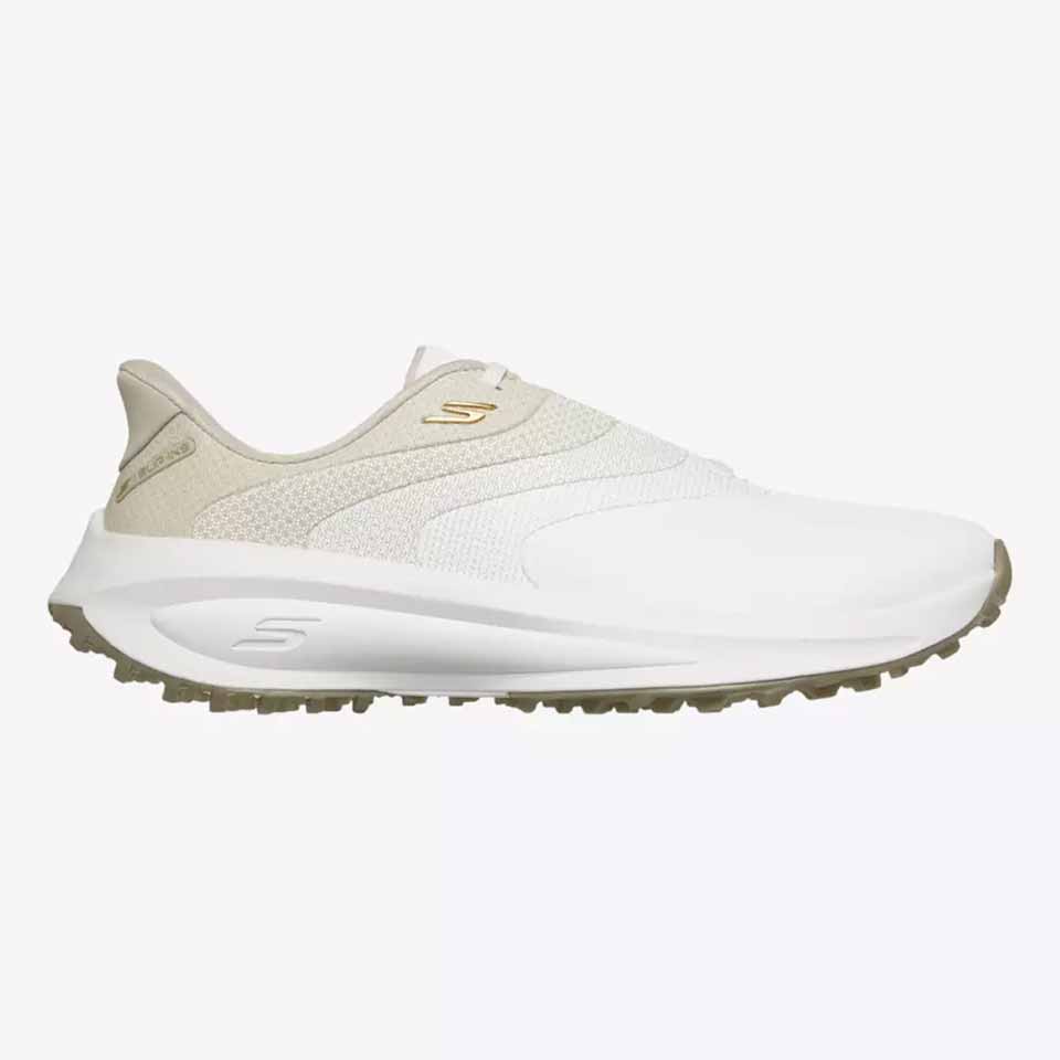A white and beige Skechers slip-on athletic shoe with a textured sole and subtle S logos, shown in a side profile against a plain light background.
