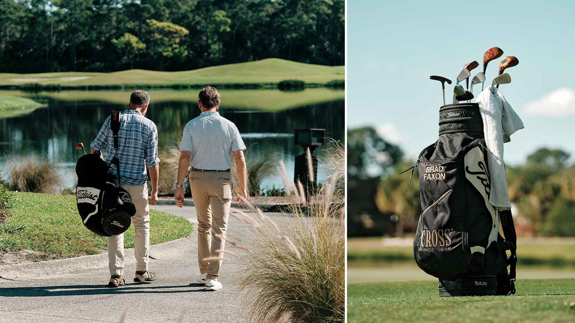 Two men walk toward a lake carrying golf bags on a sunny day; on the right, a close-up shows a black golf bag with clubs, towels, and names—such as Brad Faxon—visible, set on green grass with trees in the background.