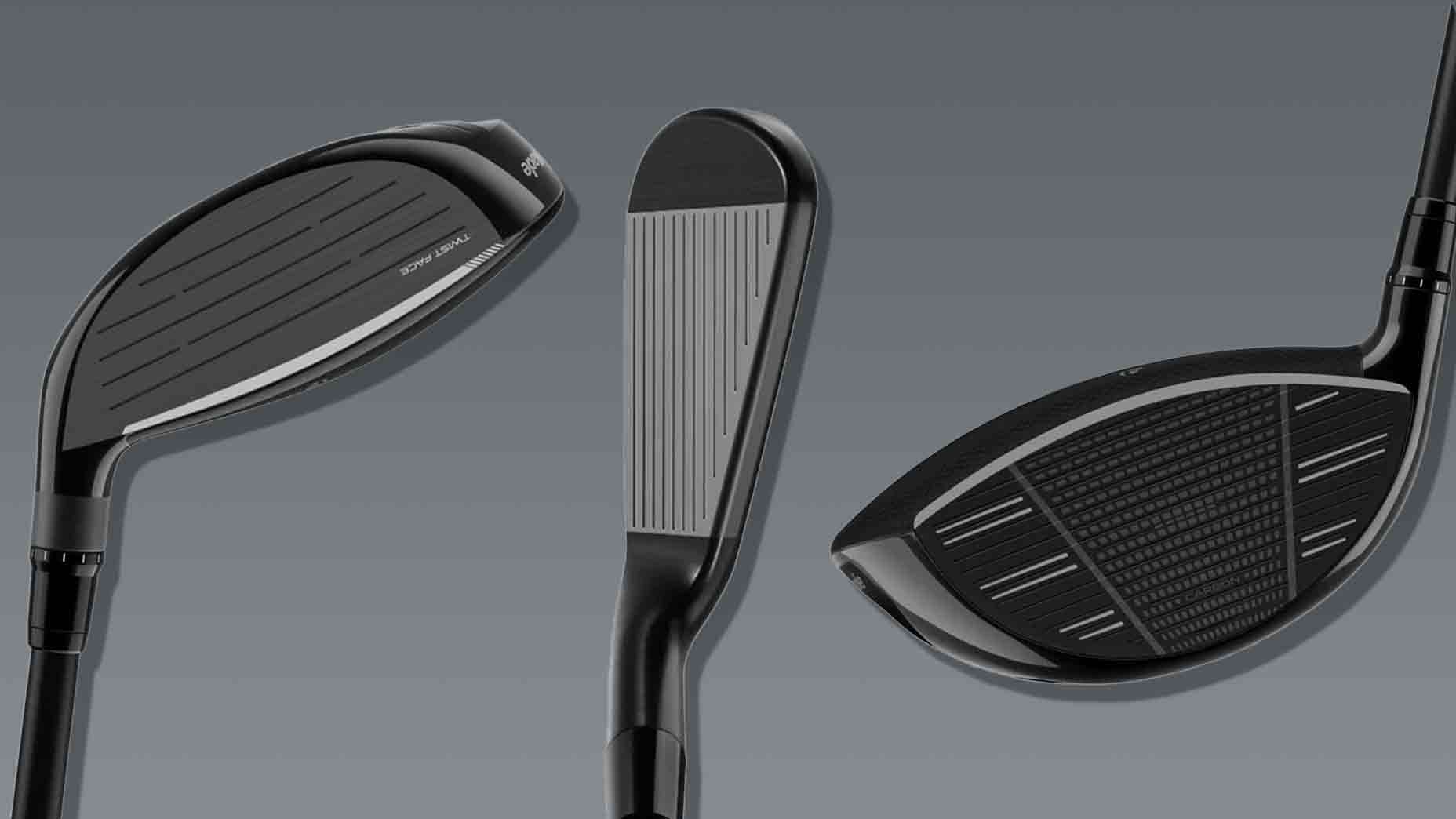 Three different black golf club heads from the TaylorMade Shadowfall collection are displayed against a gray background, each shown from a different angle to highlight their distinct shapes, grooves, and design features.