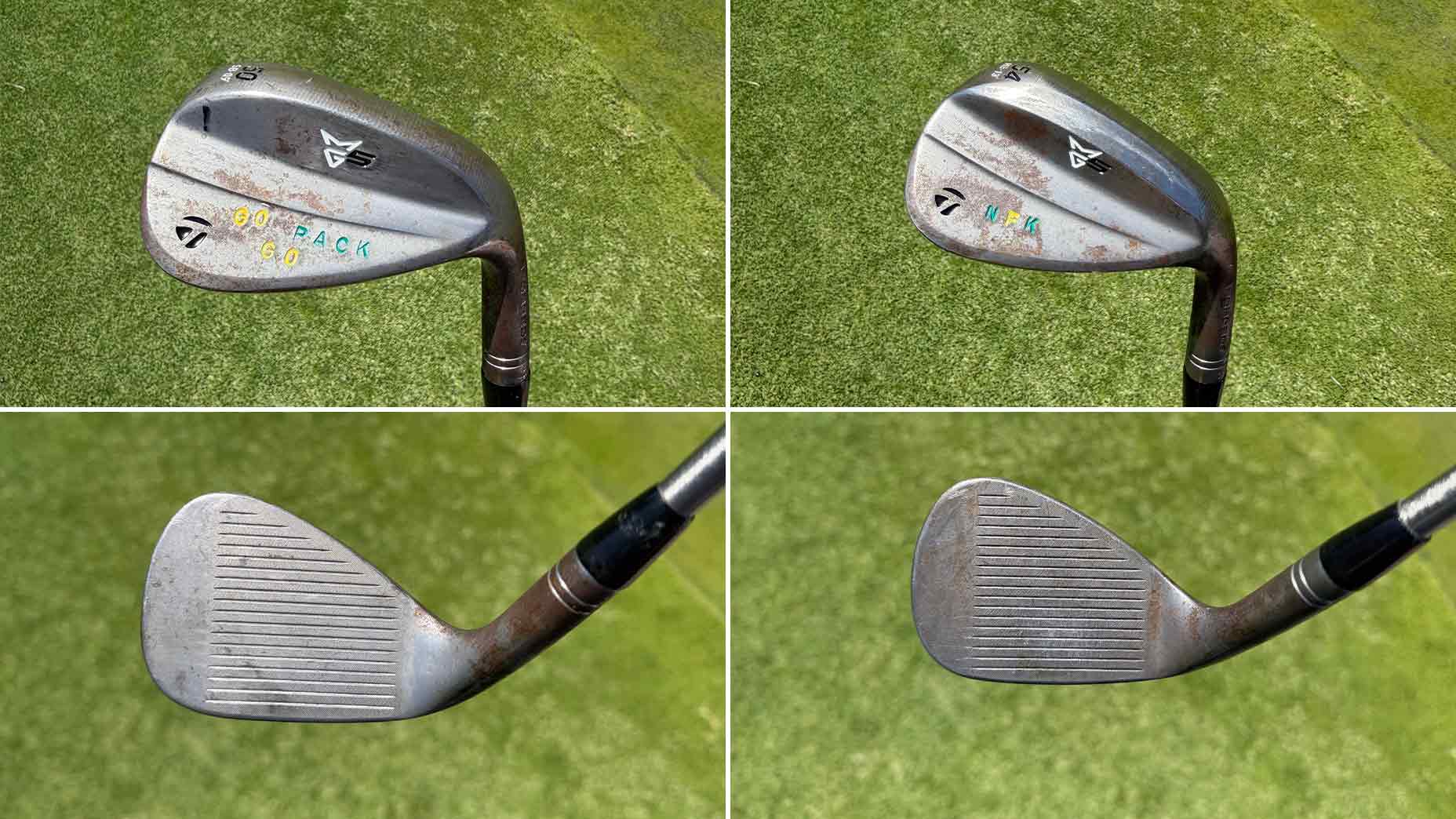 Two TaylorMade golf clubs are shown from multiple angles on grass, with visible grooves and wear. One is labeled 60 RAW FACE in yellow and blue, the other 54 RAW FACE&mdash;perfect for golfers aiming to compete like Nelly Korda at the U.S. Women's Open.