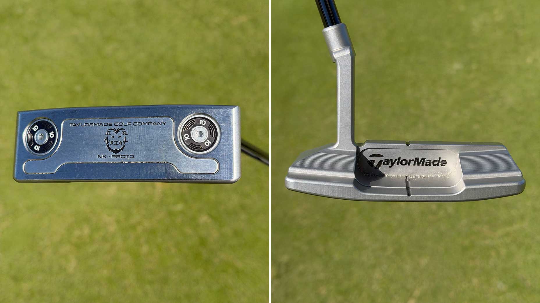 Side-by-side images of a silver TaylorMade golf putter&mdash;a standout among golf clubs&mdash;show its adjustable weights and engraved markings on the back, while the front highlights the logo and grooved face. The putter rests on green grass.