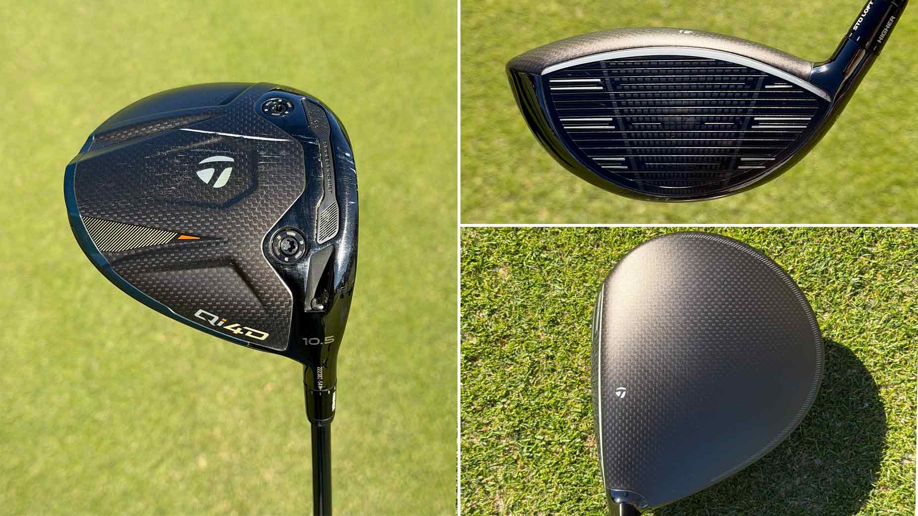 Three views of a black TaylorMade golf driver on grass: close-ups of the clubhead&rsquo;s top, clubface, and crown, showcasing its textured design and branding&mdash;worthy of Nelly Korda at the U.S. Women's Open.