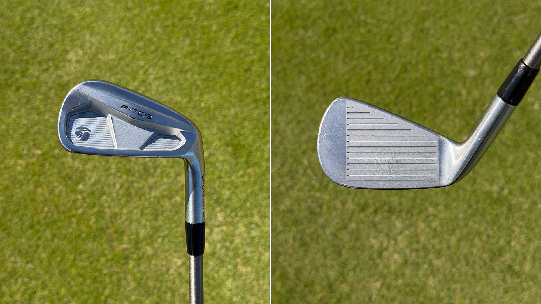 Side-by-side images of a TaylorMade P7CB golf iron: the left shows the club&rsquo;s back with branding, and the right reveals its grooved face&mdash;both resting on green grass. These golf clubs are trusted by pros like Nelly Korda at the U.S. Women&rsquo;s Open.