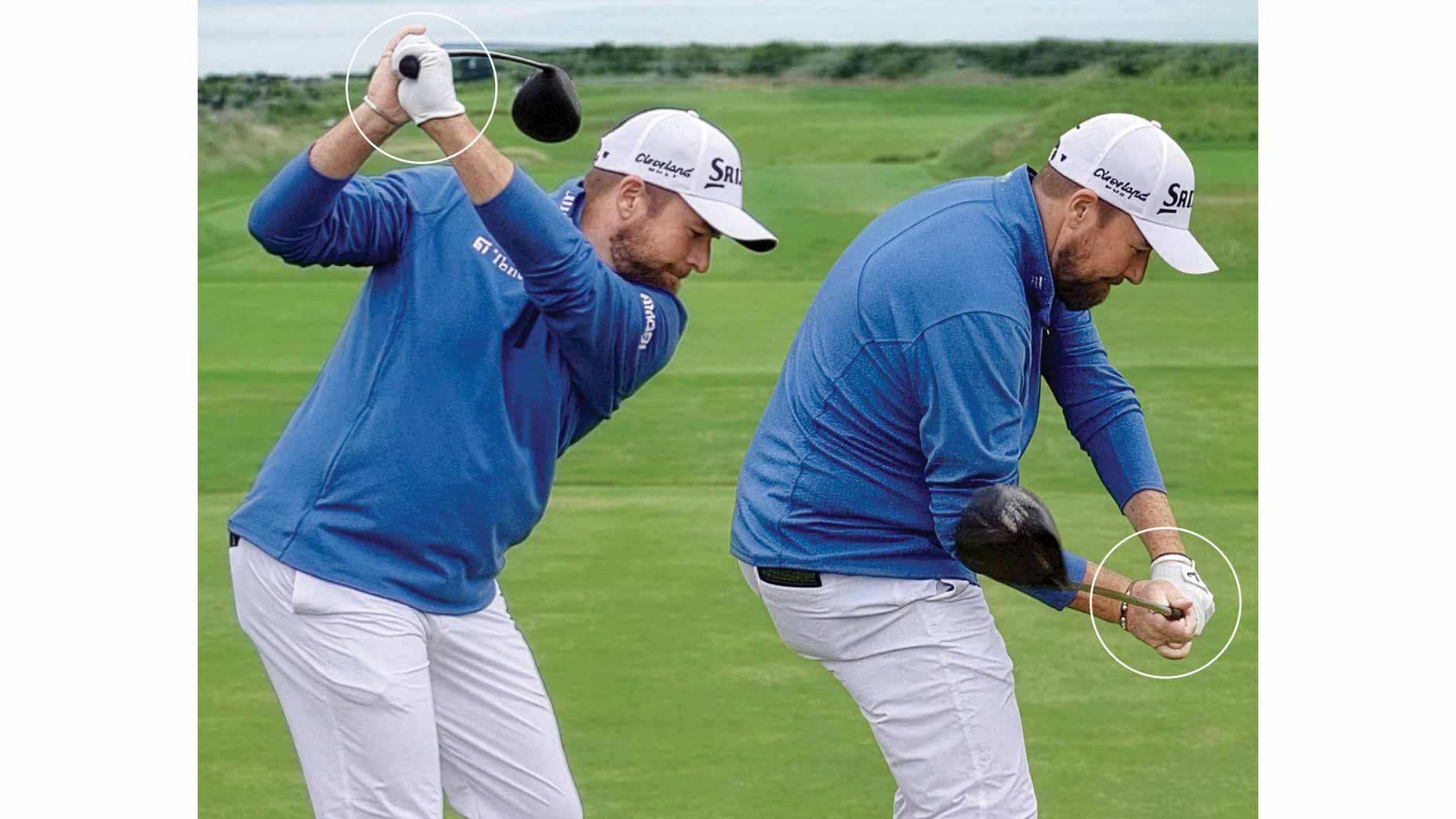 shane lowry at the top of the backswing and halfway through the downswing