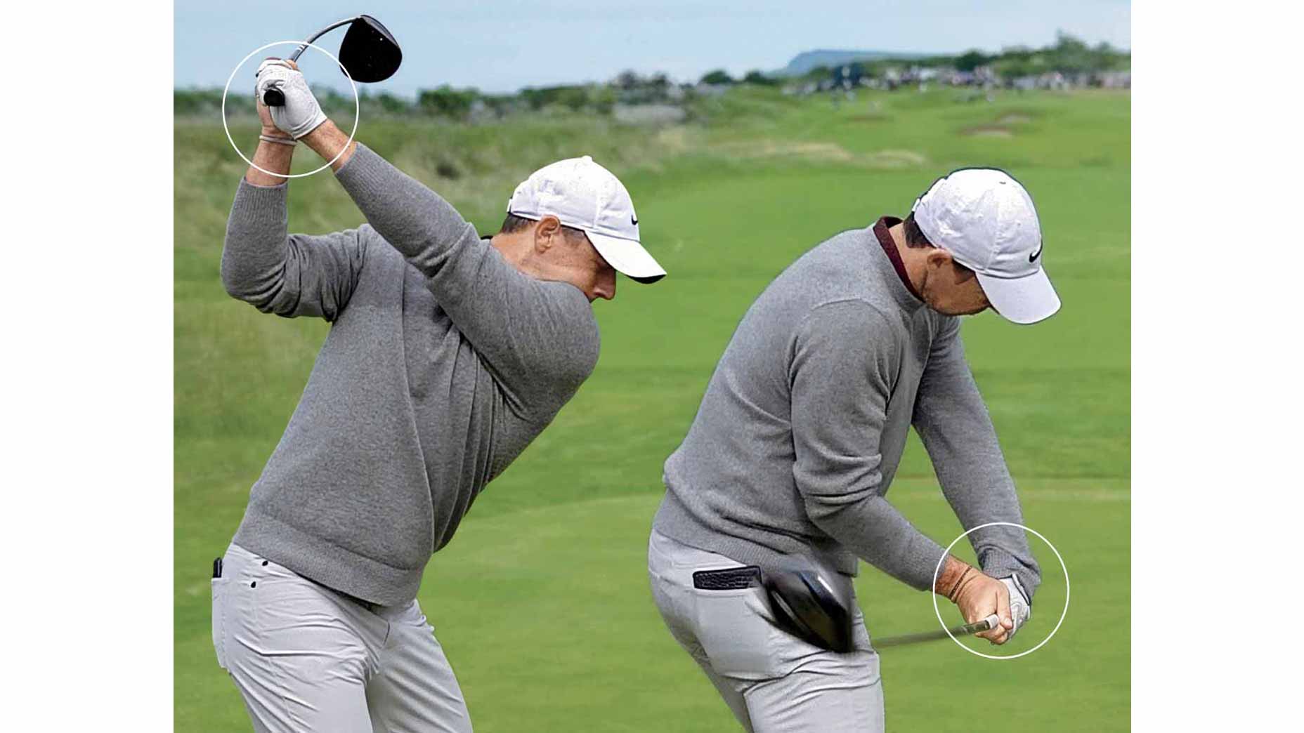 rory mcilroy's wrists at the top of the backswing and midway through the downswing