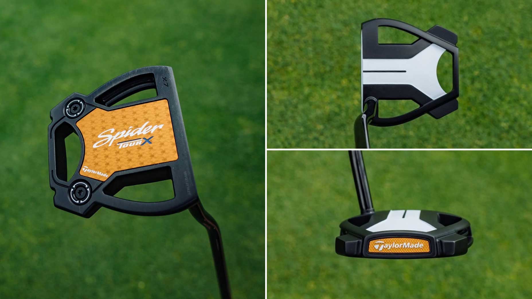 Three views of a TaylorMade Spider Tour X golf putter: a close-up of the clubface, a top view showing black and white alignment markings, and a rear view displaying the TaylorMade logo&mdash;perfect for any WITB (What&rsquo;s in the Bag) feature. All images are on green grass.