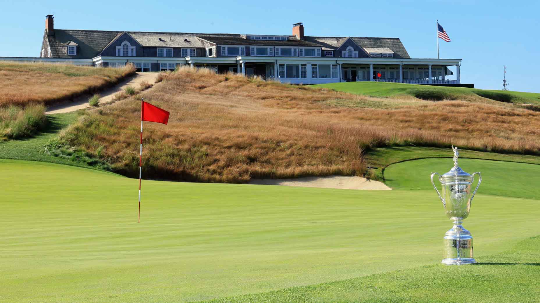 SOUTHAMPTON, NEW YORK - SEPTEMBER 15: A general view of the U.S. Open Championship Trophy on the golf course at Shinnecock Hills Golf Club on September 15, 2025 in Southampton, New York. The 126th U.S. Open will be played on the course in 2026. (Photo by Bruce Bennett/Getty Images)