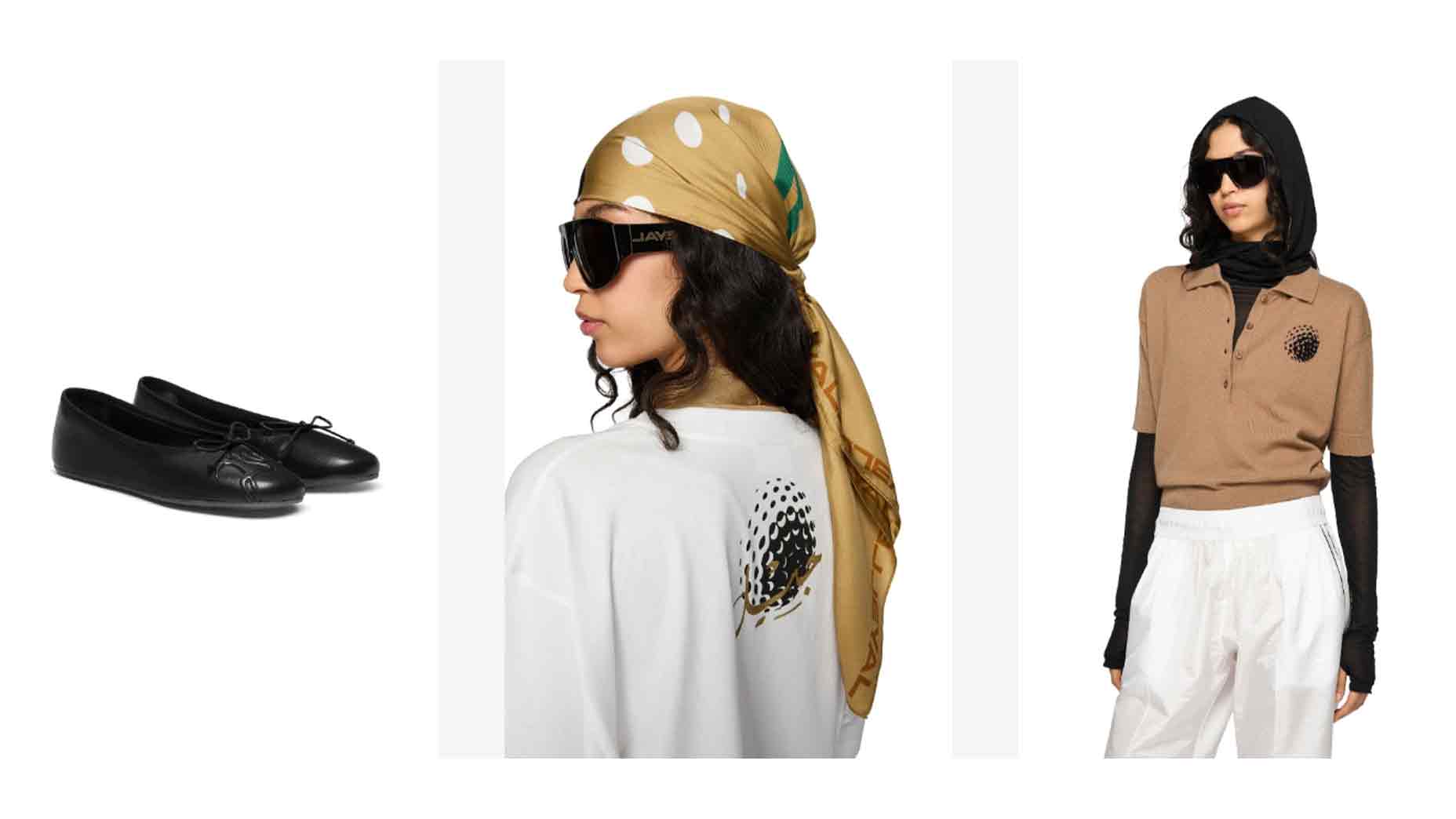 A collage featuring JAY3LLE: black ballet flats on the left, a woman in sunglasses with a tan polka dot scarf over her hair in the center, and on the right, the same woman in a tan polo, black hoodie, and white pants.