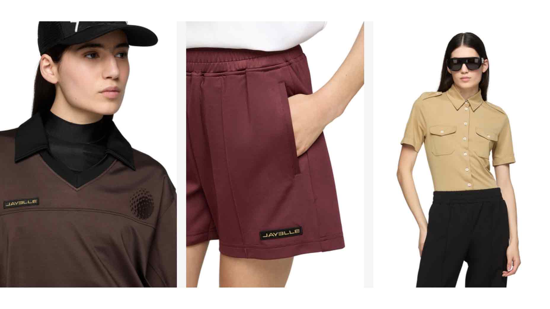 Three fashion images: a person in a brown collared shirt and cap, a close-up of a hand in the pocket of maroon shorts, and a person in a tan button-up shirt with black pants and sunglasses. All outfits feature the JAYVILLE or JAY3LLE label.