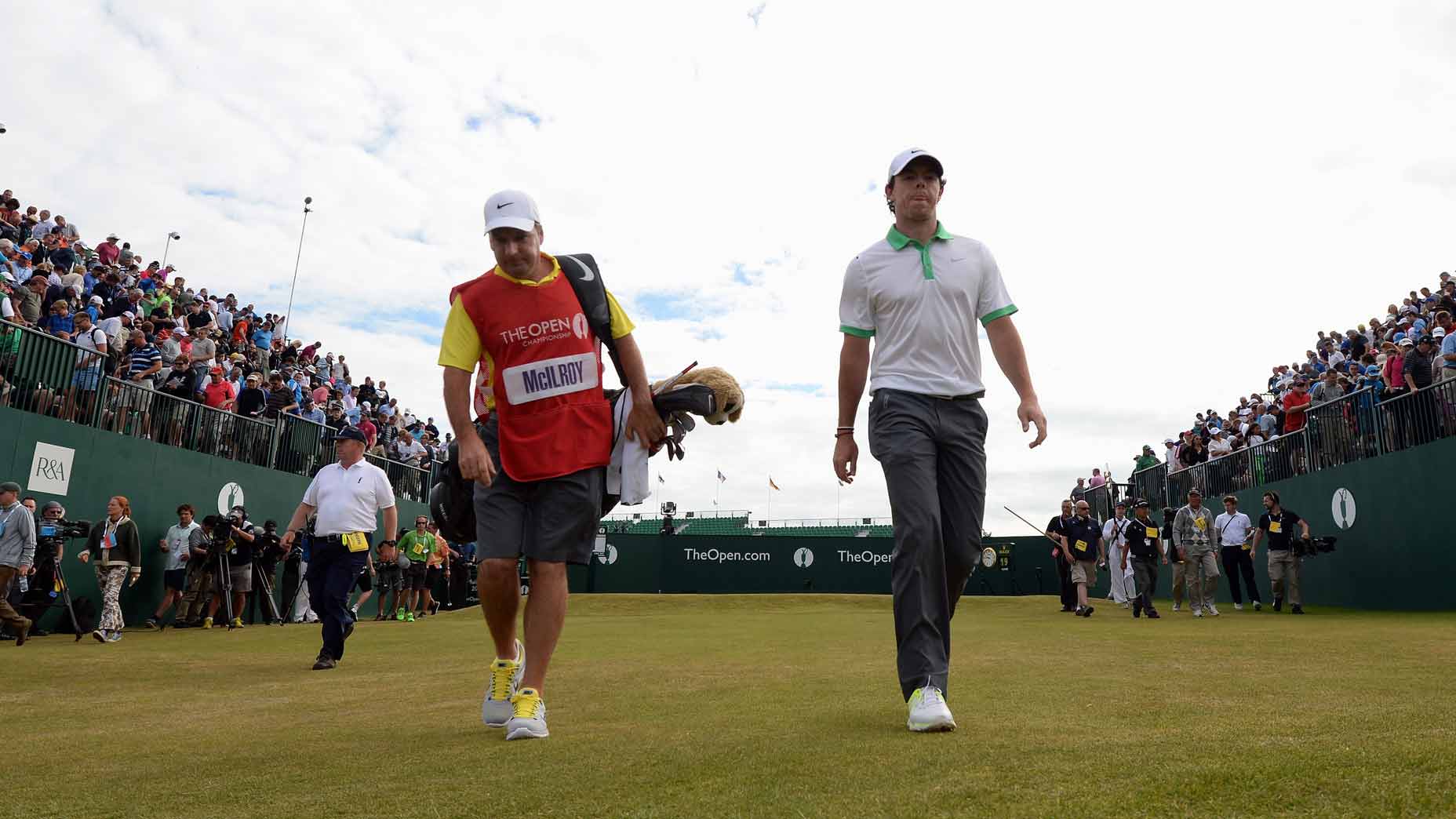 Rory McIlroy walks off the 1st tee at Muirfield during the 2013 Open Championship.